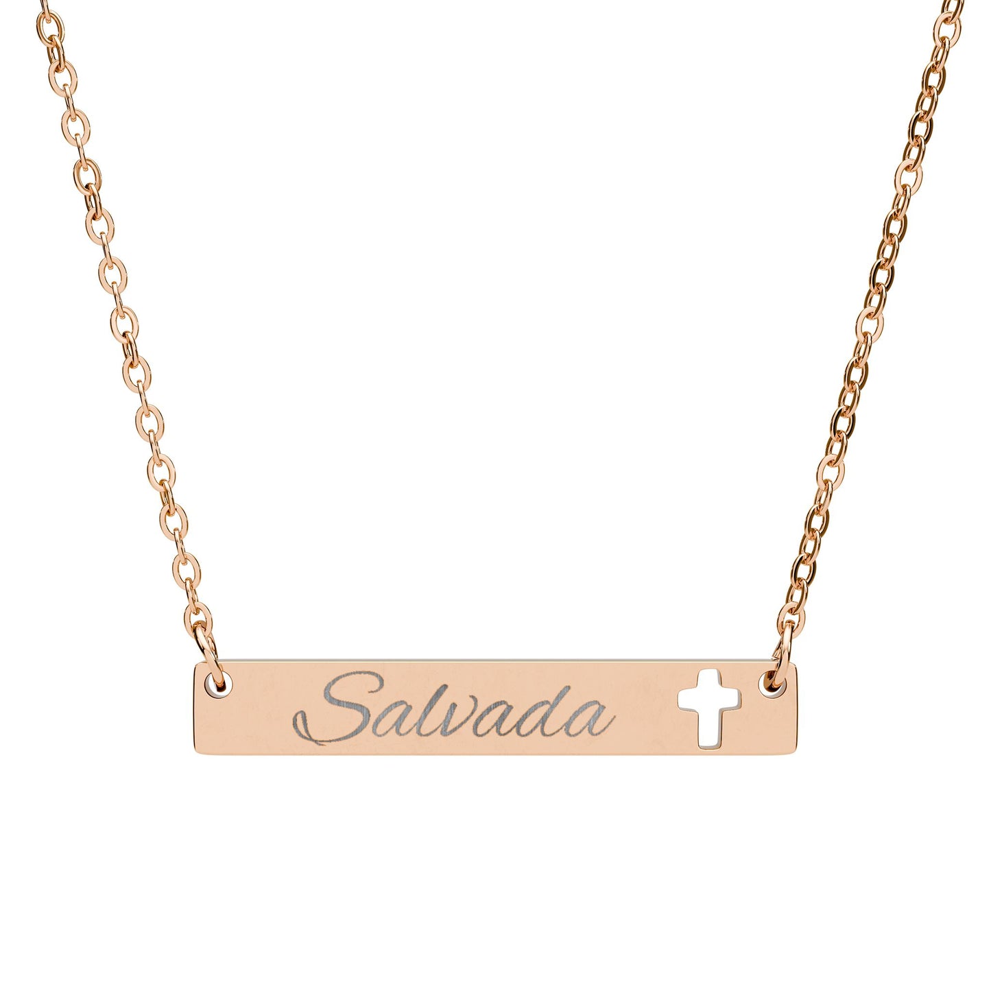 "Salvada" Engravable Cutout Cross Bar Necklace – Personalized Scripture/Name Pendant