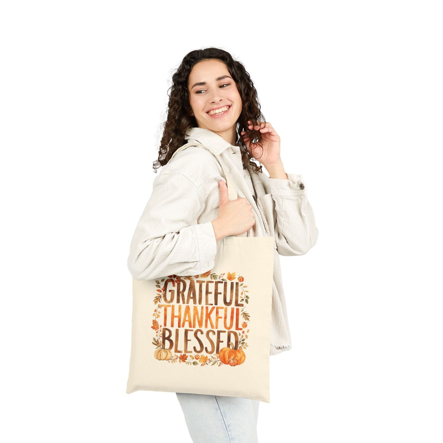 Tote Bag — Grateful Thankful Blessed Canvas Tote for Thanksgiving