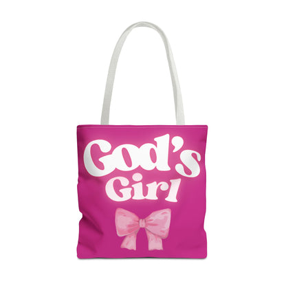 Cute Pink Tote Bag for God's Girl, Chic Shopper Bag, Inspirational Gift, Women’s Fashion Accessory, Beach Tote, Pink Bow Design