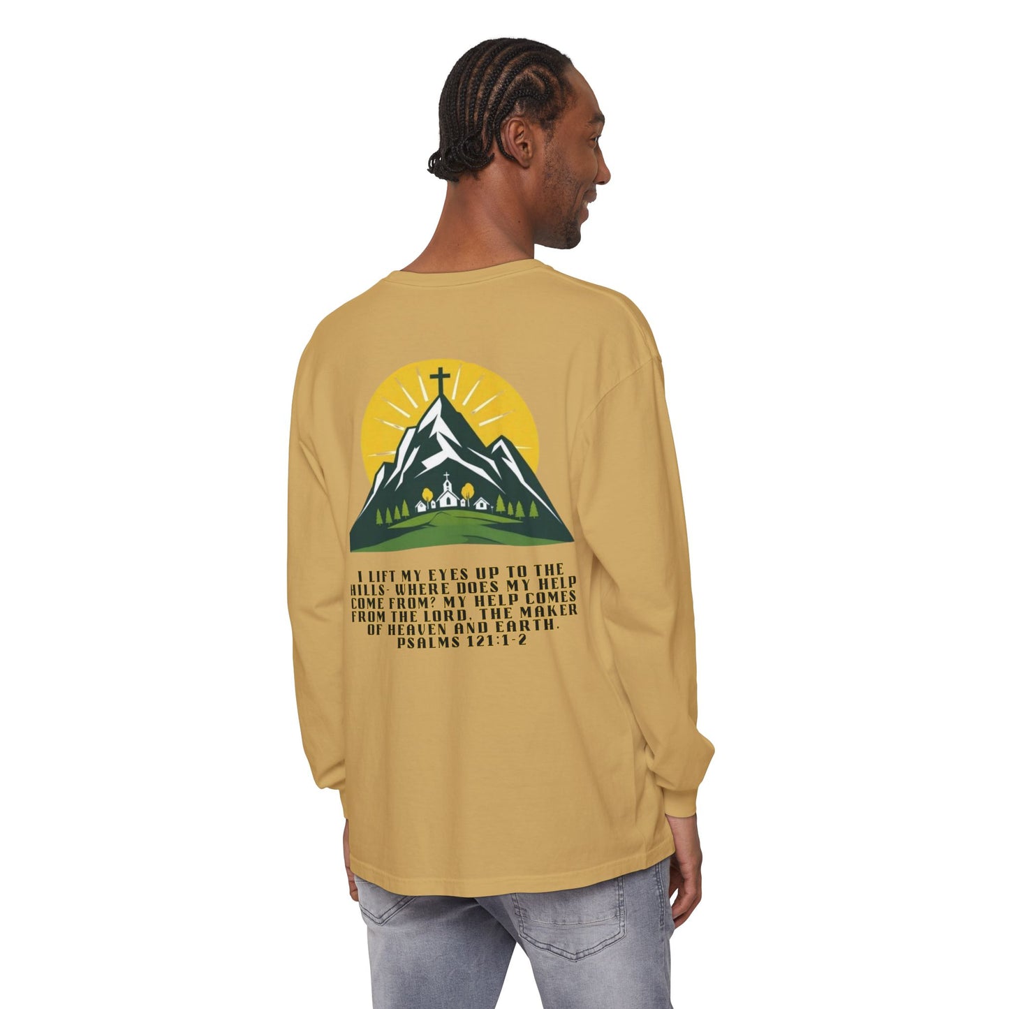 Psalms 121:1-2 Spiritual Long Sleeve T-Shirt, Christian Apparel, Faith-Based Gift, Outdoor Style, Inspirational Everyday Wear
