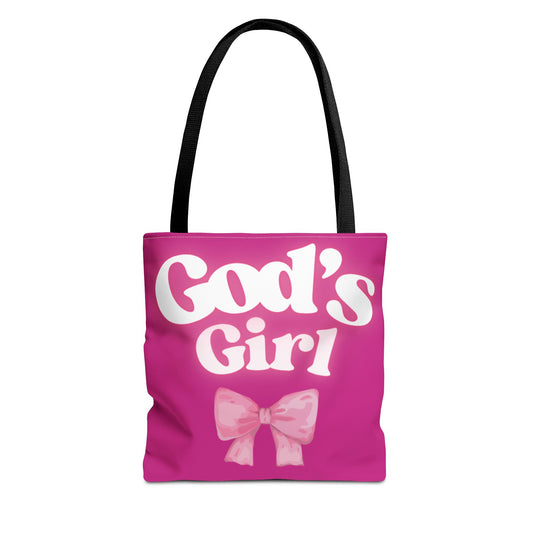 Cute Pink Tote Bag for God's Girl, Chic Shopper Bag, Inspirational Gift, Women’s Fashion Accessory, Beach Tote, Pink Bow Design