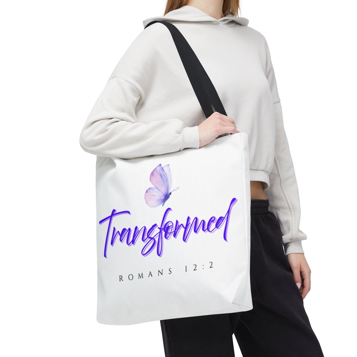 Transformed  Tote Bag - Inspirational Gift, AOP Design, Motivational Tote, Everyday Use, Romans 12:2
