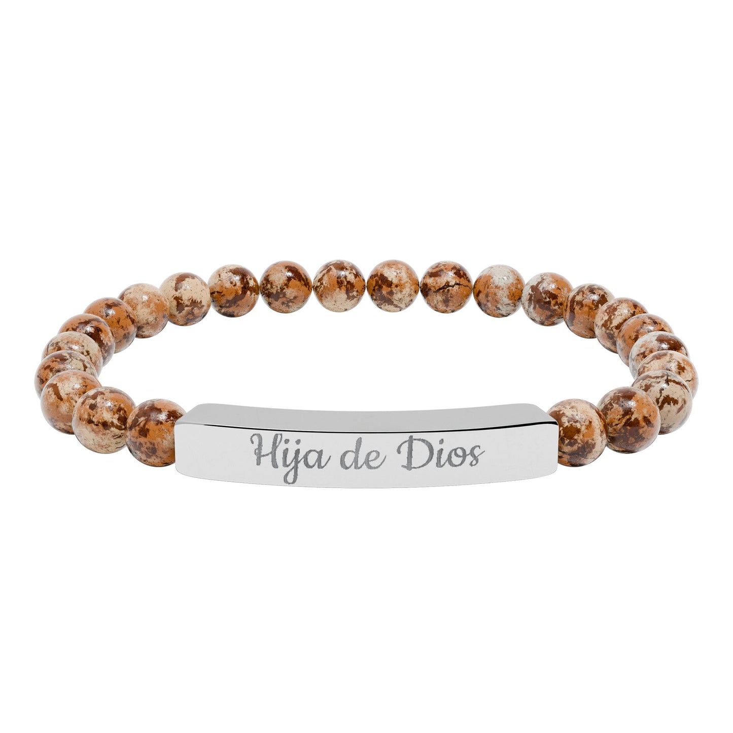 "Hija de Dios" Engraved Natural Stone Bar Bracelet — Personalized Stretch Beaded Bracelet