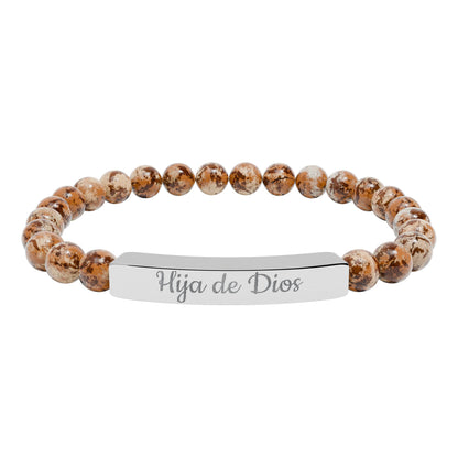 "Hija de Dios" Engraved Natural Stone Bar Bracelet — Personalized Stretch Beaded Bracelet