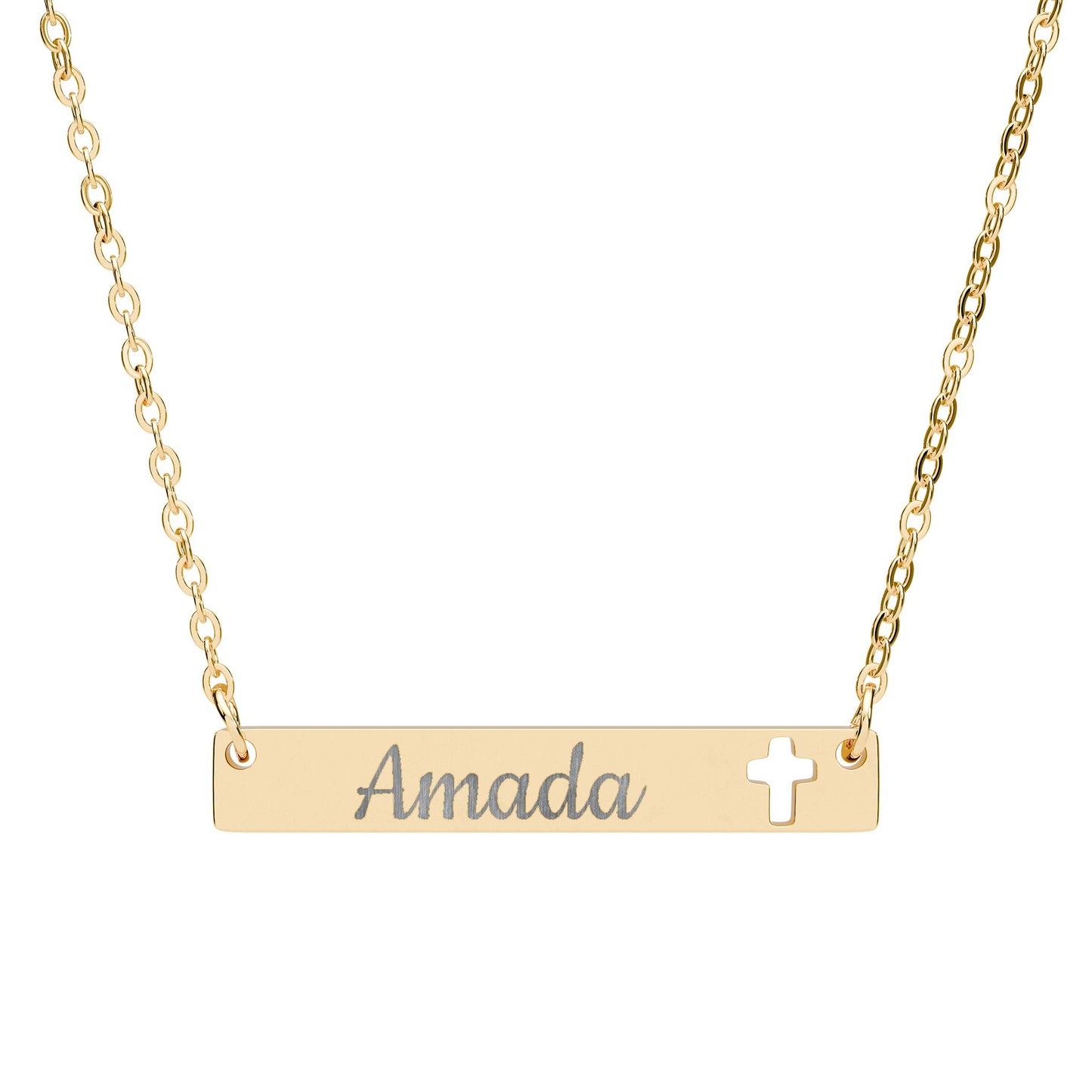 "Amada" Engravable Cutout Cross Bar Necklace — Personalized Name Plate Pendant