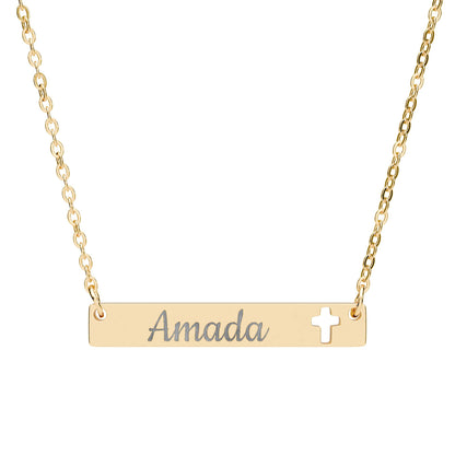"Amada" Engravable Cutout Cross Bar Necklace — Personalized Name Plate Pendant