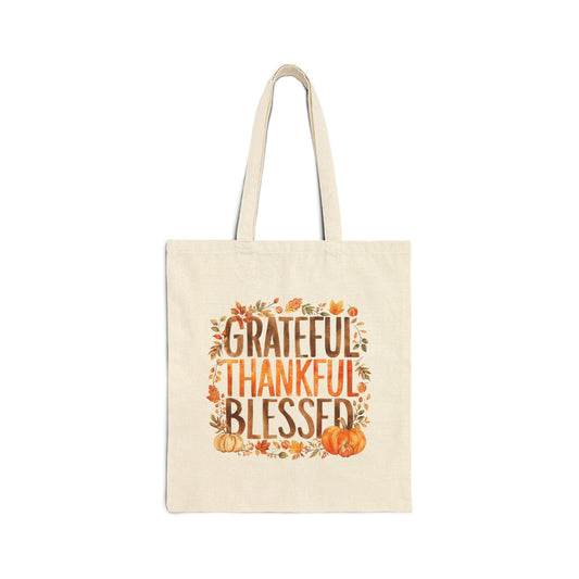 Tote Bag — Grateful Thankful Blessed Canvas Tote for Thanksgiving
