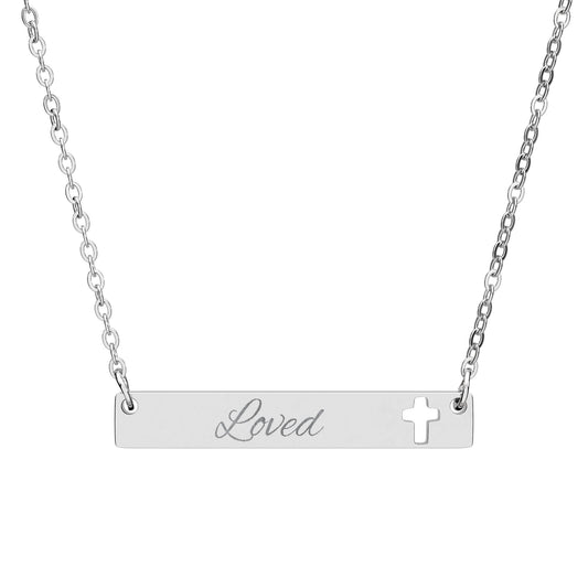 "Loved" Cutout Cross Bar Necklace — Engraved Christian Pendant