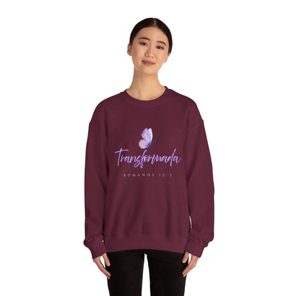 "Transformada" Crewneck Sweatshirt — Purple Butterfly Christian Scripture (Romanos 12:2)