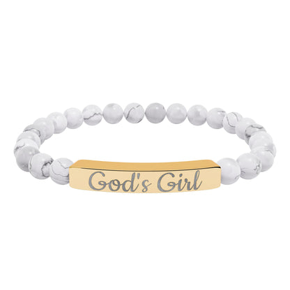 "God's Girl" - Engraved Natural Stone Stretch Bar Bracelet