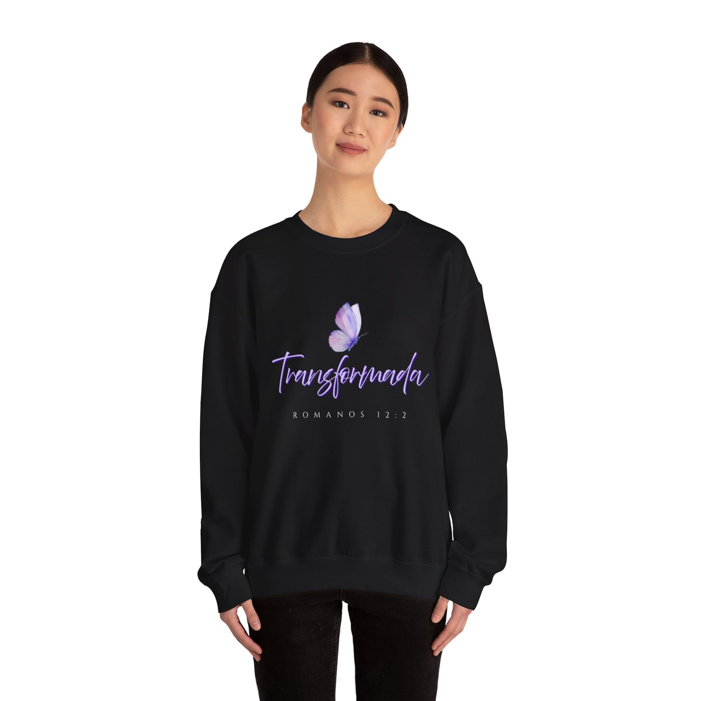 "Transformada" Crewneck Sweatshirt — Purple Butterfly Christian Scripture (Romanos 12:2)