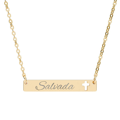 "Salvada" Engravable Cutout Cross Bar Necklace – Personalized Scripture/Name Pendant